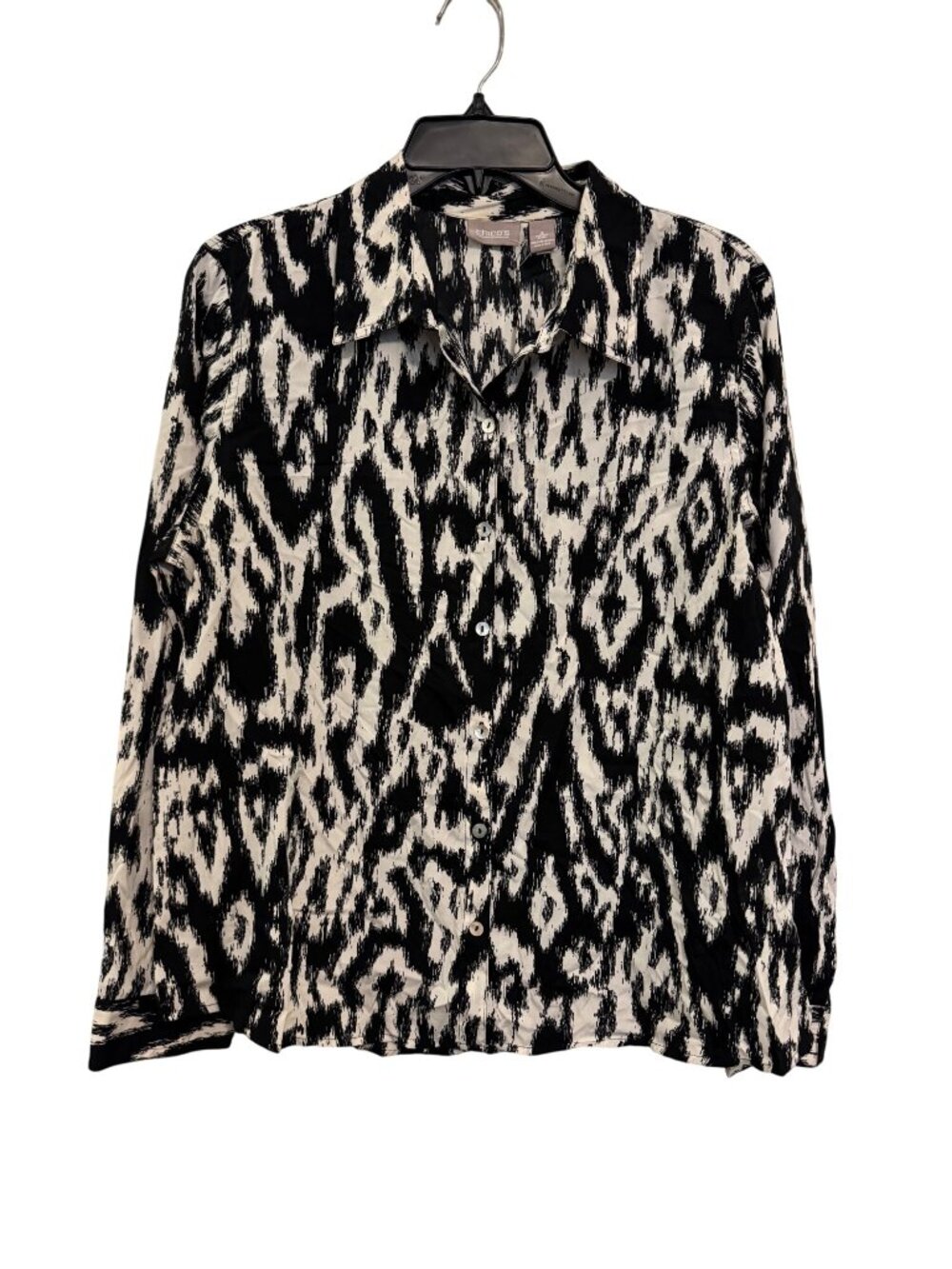Chicos Black & White Abstract Button-Up Shirt Size 2 Long Sleeve